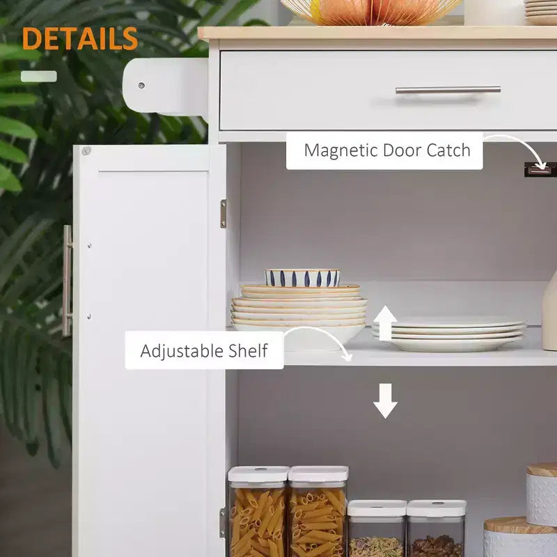 Chariot d'îlot de cuisine FAMYYT en bois d'hévéa massif blanc de 45,2 cm avec armoire à 2 portes et tiroirs