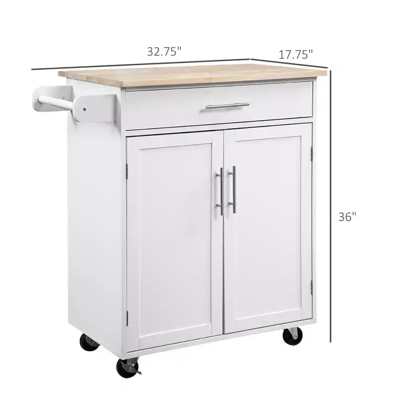 Chariot d'îlot de cuisine FAMYYT en bois d'hévéa massif blanc de 45,2 cm avec armoire à 2 portes et tiroirs