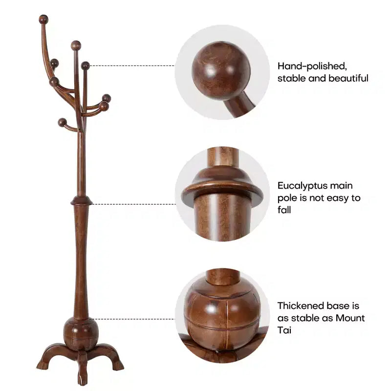 Bekrvio Porte-Manteau sur Pied en Bois Massif, Support à Vêtements avec 8 Crochets en Forme de Branches d'Arbre, Base Sphérique Stable, 72,5 kg