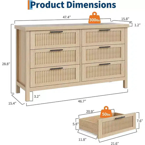 Commode à 6 tiroirs pour chambre à coucher, grande commode en bois de 120,4 cm de large, armoire de rangement pour vêtements pour chambre d'enfant, salon