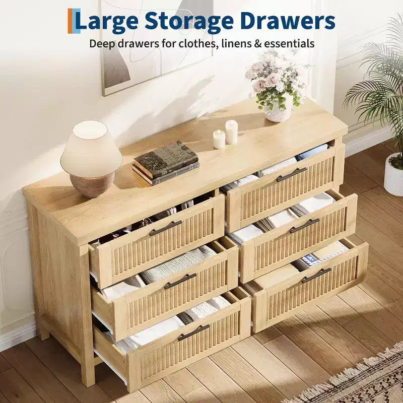 Commode à 6 tiroirs pour chambre à coucher, grande commode en bois de 120,4 cm de large, armoire de rangement pour vêtements pour chambre d'enfant, salon