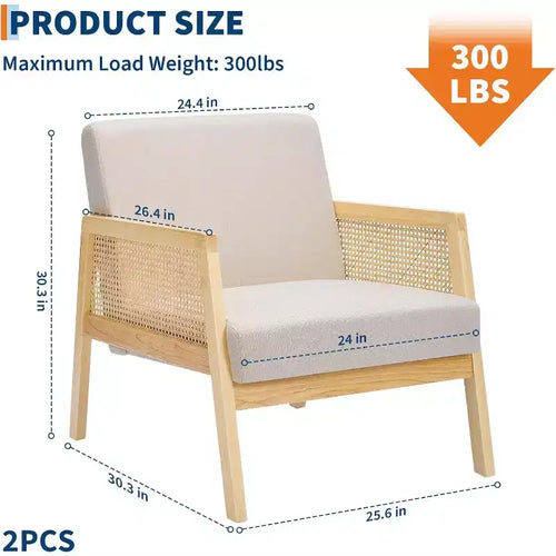 Acekool Lot de 2 Fauteuils d'Appoint Modernes du Milieu du Siècle, Accoudoirs en Rotin, Lin Rembourré, Pieds en Bois, pour Salon, Chambre à Coucher, Blanc