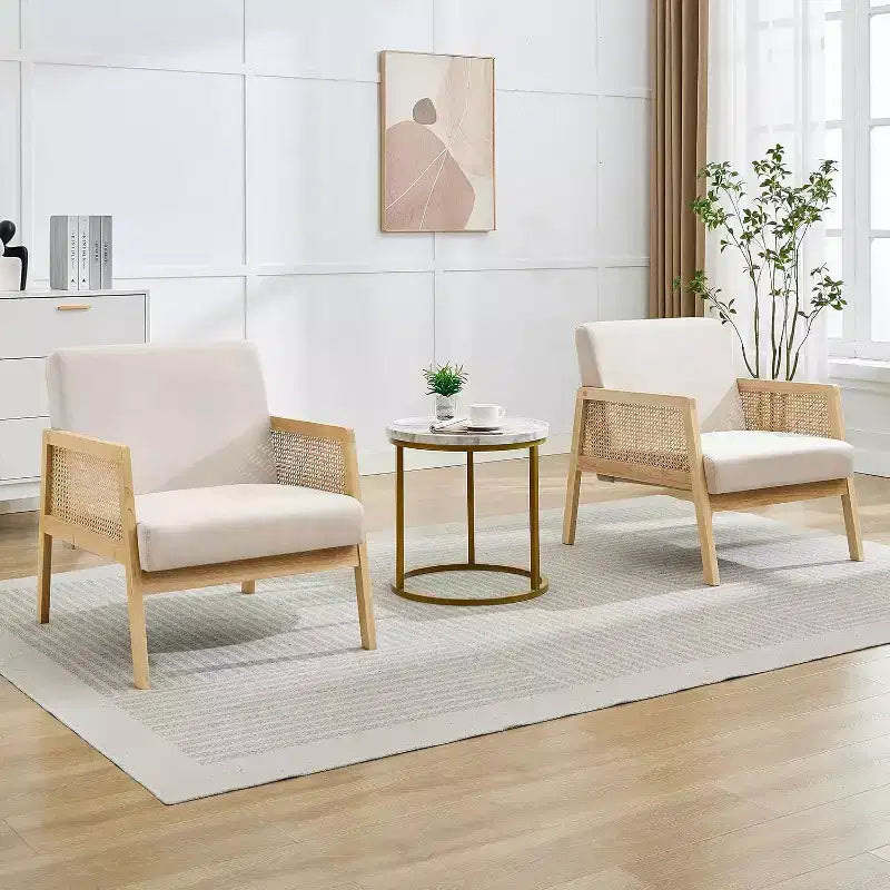 Acekool Lot de 2 Fauteuils d'Appoint Modernes du Milieu du Siècle, Accoudoirs en Rotin, Lin Rembourré, Pieds en Bois, pour Salon, Chambre à Coucher, Blanc