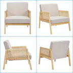 Acekool Lot de 2 Fauteuils d'Appoint Modernes du Milieu du Siècle, Accoudoirs en Rotin, Lin Rembourré, Pieds en Bois, pour Salon, Chambre à Coucher, Blanc