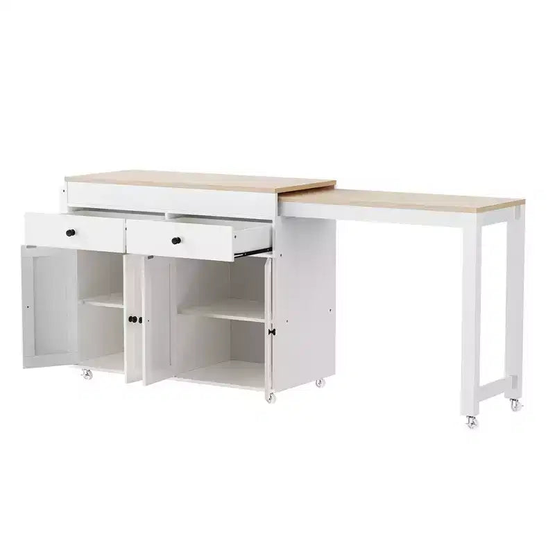 Bestier 75 Îlot de cuisine avec table à manger extensible, îlot de cuisine roulant sur roues avec porte-épices et 2 tiroirs, armoire à 4 portes