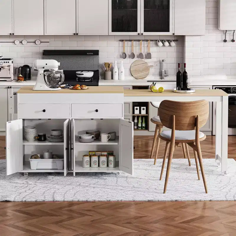 Bestier 75 Îlot de cuisine avec table à manger extensible, îlot de cuisine roulant sur roues avec porte-épices et 2 tiroirs, armoire à 4 portes