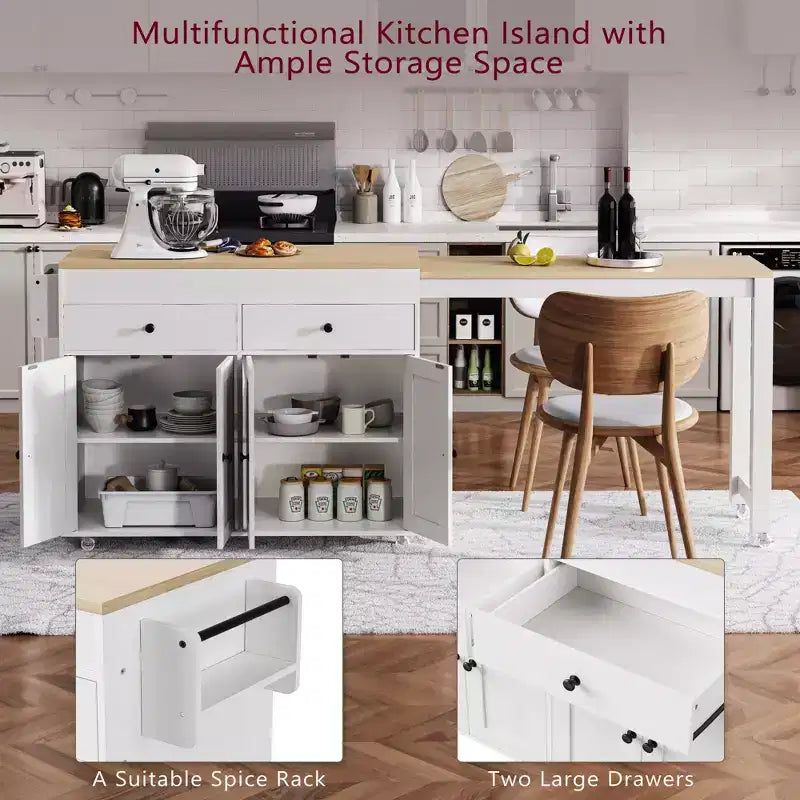 Bestier 75 Îlot de cuisine avec table à manger extensible, îlot de cuisine roulant sur roues avec porte-épices et 2 tiroirs, armoire à 4 portes