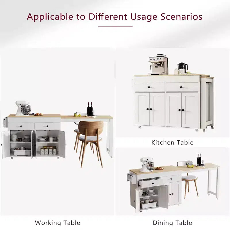 Bestier 75 Îlot de cuisine avec table à manger extensible, îlot de cuisine roulant sur roues avec porte-épices et 2 tiroirs, armoire à 4 portes