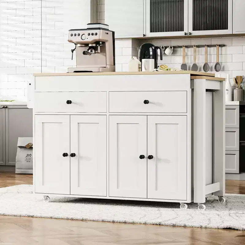 Bestier 75 Îlot de cuisine avec table à manger extensible, îlot de cuisine roulant sur roues avec porte-épices et 2 tiroirs, armoire à 4 portes
