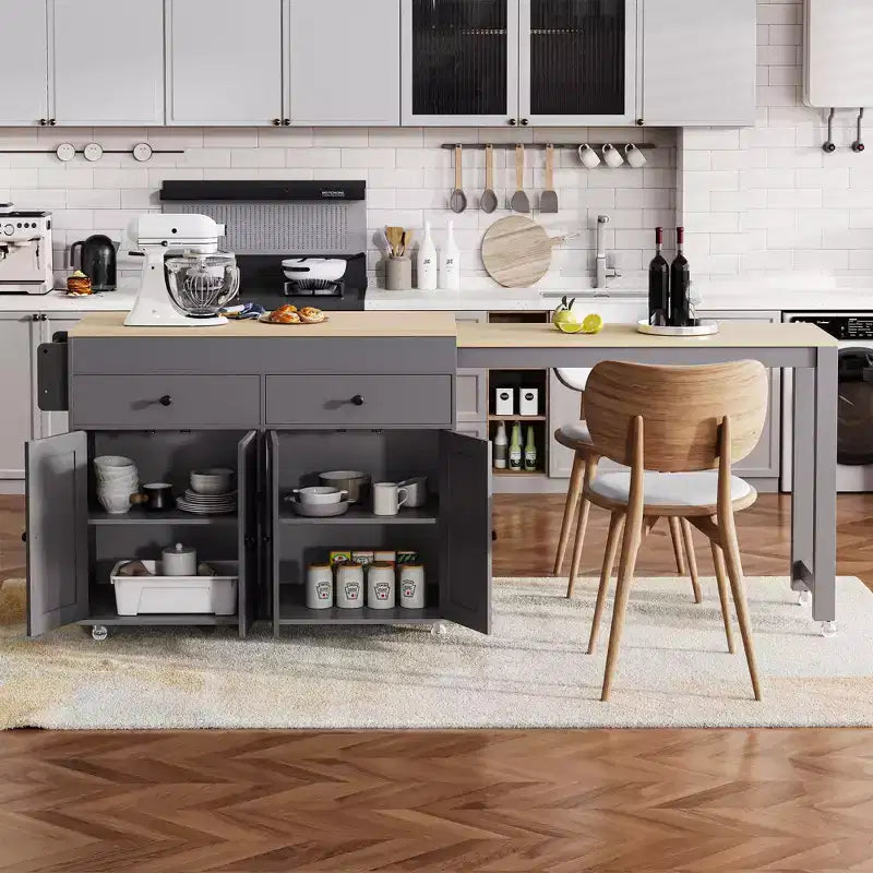 Bestier 75 Îlot de cuisine avec table à manger extensible, îlot de cuisine roulant sur roues avec porte-épices et 2 tiroirs, armoire à 4 portes
