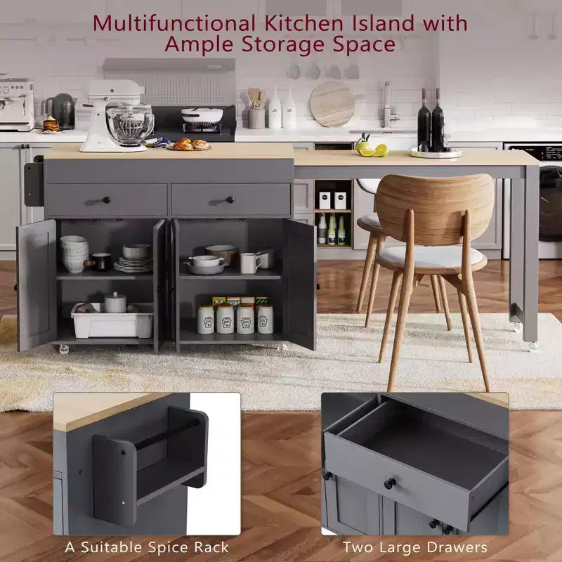 Bestier 75 Îlot de cuisine avec table à manger extensible, îlot de cuisine roulant sur roues avec porte-épices et 2 tiroirs, armoire à 4 portes