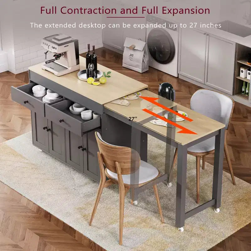 Bestier 75 Îlot de cuisine avec table à manger extensible, îlot de cuisine roulant sur roues avec porte-épices et 2 tiroirs, armoire à 4 portes