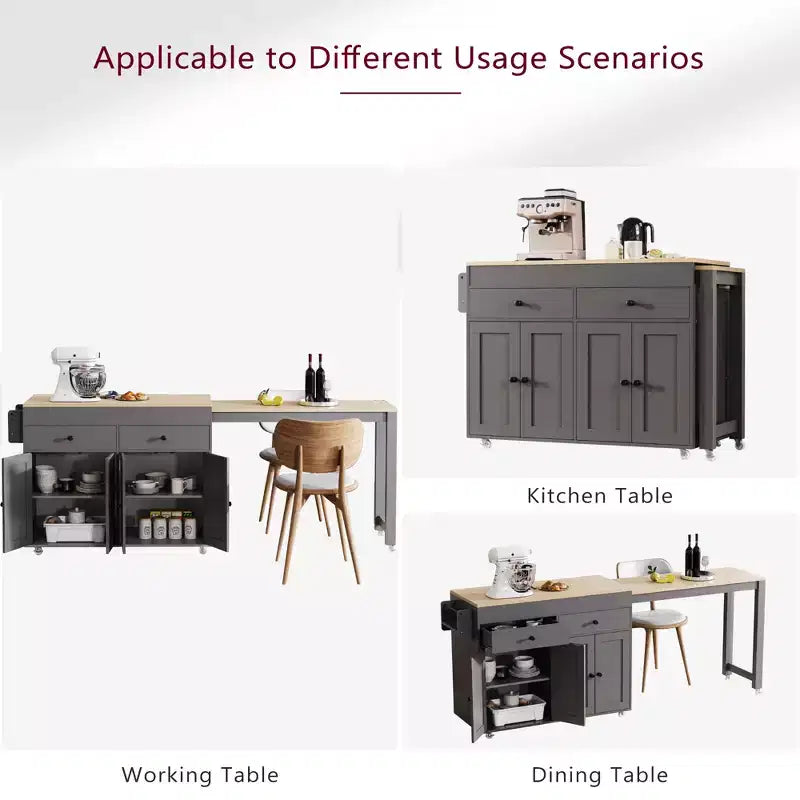 Bestier 75 Îlot de cuisine avec table à manger extensible, îlot de cuisine roulant sur roues avec porte-épices et 2 tiroirs, armoire à 4 portes