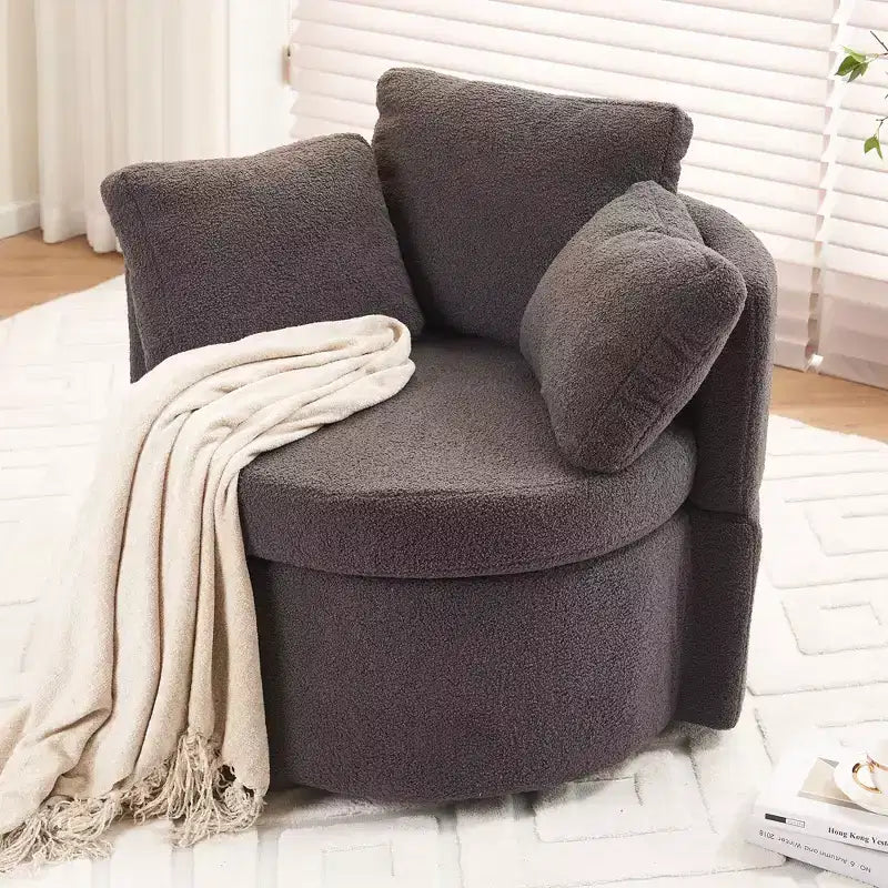 Fauteuil pivotant en tissu Teddy TUYOHW, fauteuil de salon rotatif avec 3 coussins décoratifs, base noire, rangement, coussin de dossier, fauteuil d'appoint pour salon, chambre à coucher