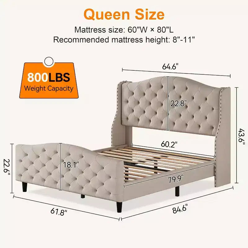 Cadre de lit Queen Size en velours COZONY avec tête de lit capitonnée à oreilles
