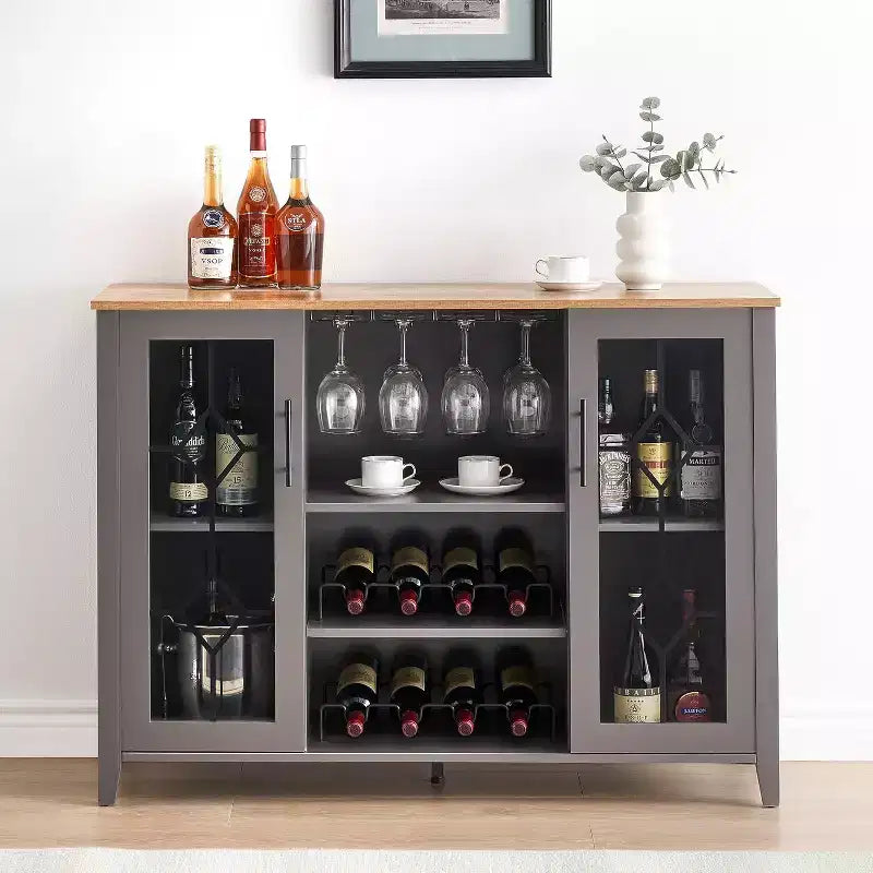 Meuble à Vins, Cave à Liqueurs avec Porte Vitrée et Range-Bouteilles, Table avec Rangement, Buffet à Liqueurs avec Étagères Réglables pour Salon