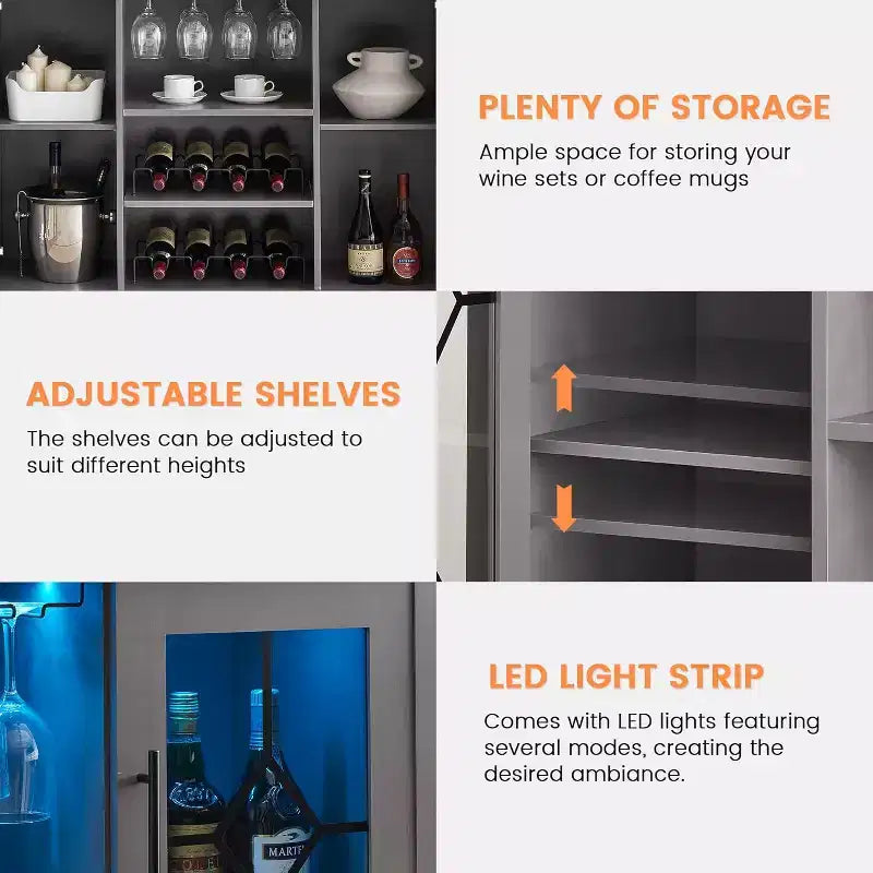 Meuble à Vins, Cave à Liqueurs avec Porte Vitrée et Range-Bouteilles, Table avec Rangement, Buffet à Liqueurs avec Étagères Réglables pour Salon