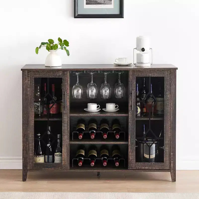 Meuble à Vins, Cave à Liqueurs avec Porte Vitrée et Range-Bouteilles, Table avec Rangement, Buffet à Liqueurs avec Étagères Réglables pour Salon