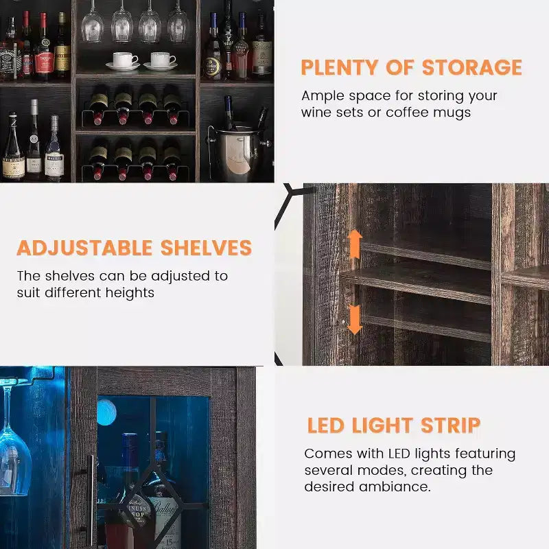 Meuble à Vins, Cave à Liqueurs avec Porte Vitrée et Range-Bouteilles, Table avec Rangement, Buffet à Liqueurs avec Étagères Réglables pour Salon
