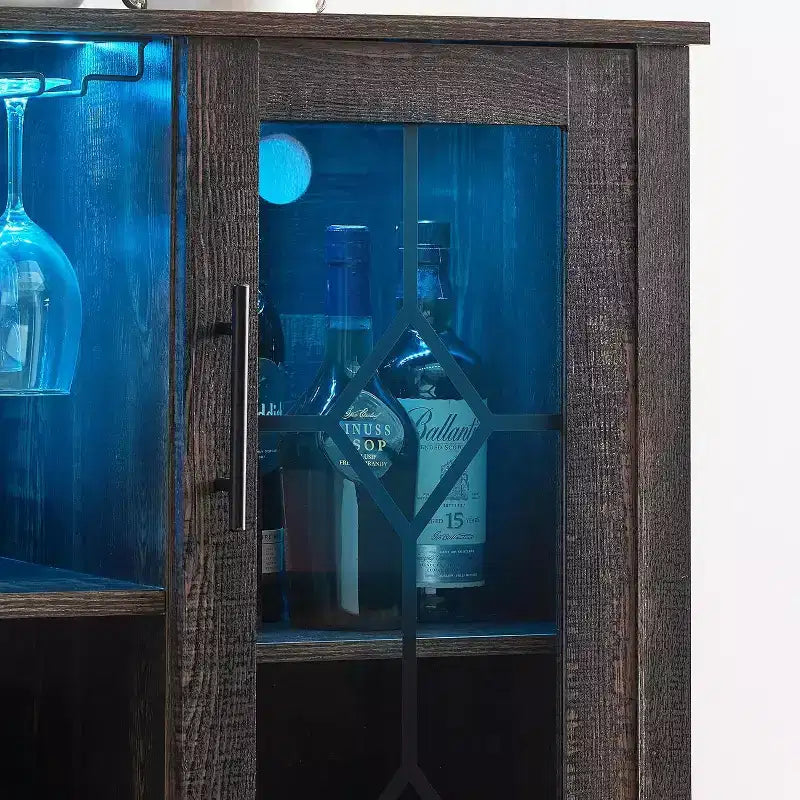 Meuble à Vins, Cave à Liqueurs avec Porte Vitrée et Range-Bouteilles, Table avec Rangement, Buffet à Liqueurs avec Étagères Réglables pour Salon