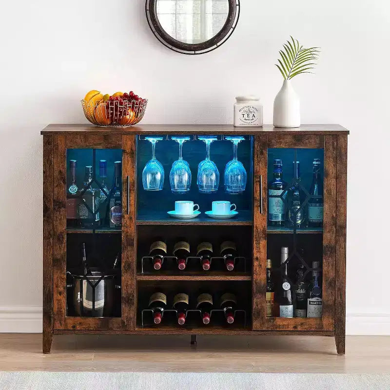 Meuble à Vins, Cave à Liqueurs avec Porte Vitrée et Range-Bouteilles, Table avec Rangement, Buffet à Liqueurs avec Étagères Réglables pour Salon