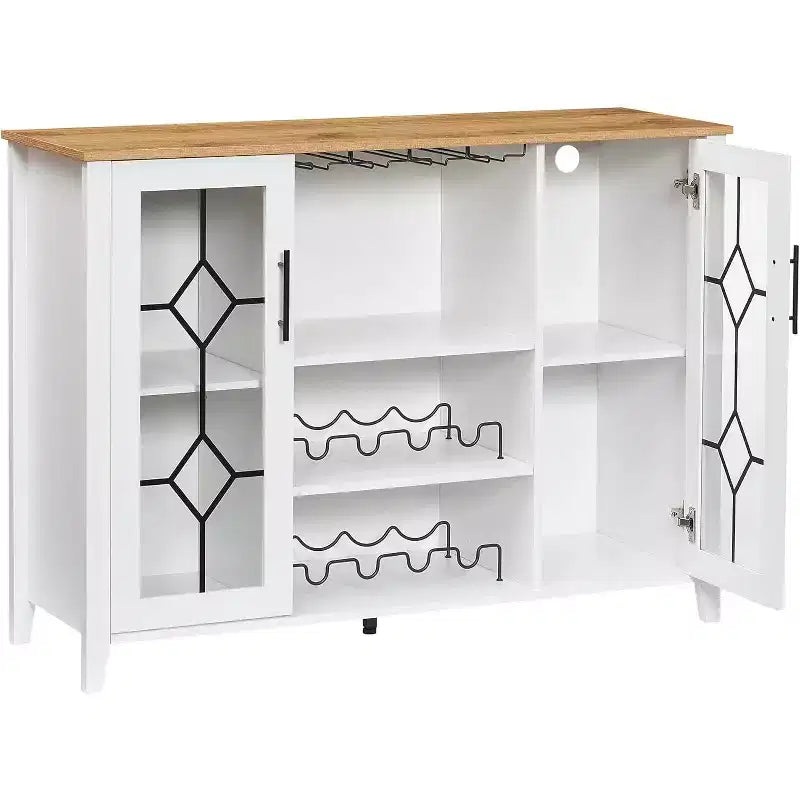 Meuble à Vins, Cave à Liqueurs avec Porte Vitrée et Range-Bouteilles, Table avec Rangement, Buffet à Liqueurs avec Étagères Réglables pour Salon