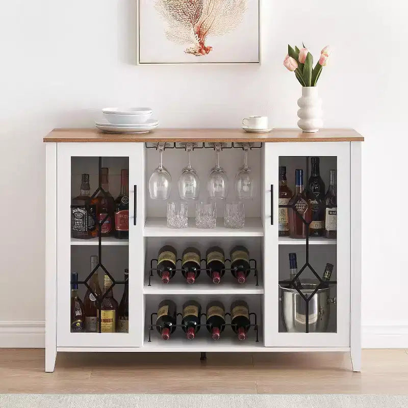 Meuble à Vins, Cave à Liqueurs avec Porte Vitrée et Range-Bouteilles, Table avec Rangement, Buffet à Liqueurs avec Étagères Réglables pour Salon