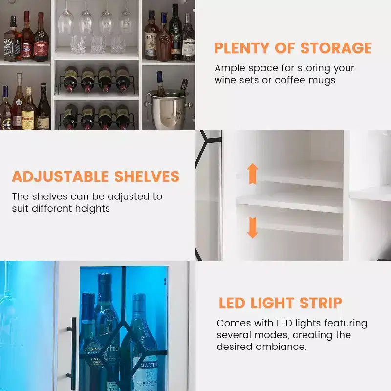 Meuble à Vins, Cave à Liqueurs avec Porte Vitrée et Range-Bouteilles, Table avec Rangement, Buffet à Liqueurs avec Étagères Réglables pour Salon