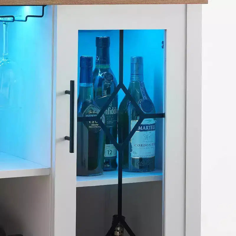 Meuble à Vins, Cave à Liqueurs avec Porte Vitrée et Range-Bouteilles, Table avec Rangement, Buffet à Liqueurs avec Étagères Réglables pour Salon