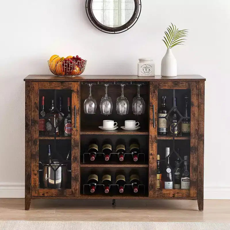 Meuble à Vins, Cave à Liqueurs avec Porte Vitrée et Range-Bouteilles, Table avec Rangement, Buffet à Liqueurs avec Étagères Réglables pour Salon