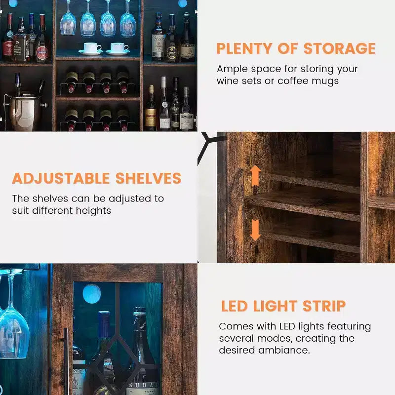 Meuble à Vins, Cave à Liqueurs avec Porte Vitrée et Range-Bouteilles, Table avec Rangement, Buffet à Liqueurs avec Étagères Réglables pour Salon