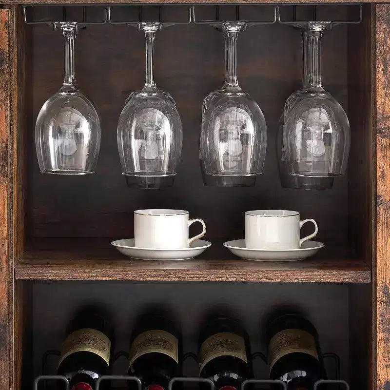 Meuble à Vins, Cave à Liqueurs avec Porte Vitrée et Range-Bouteilles, Table avec Rangement, Buffet à Liqueurs avec Étagères Réglables pour Salon