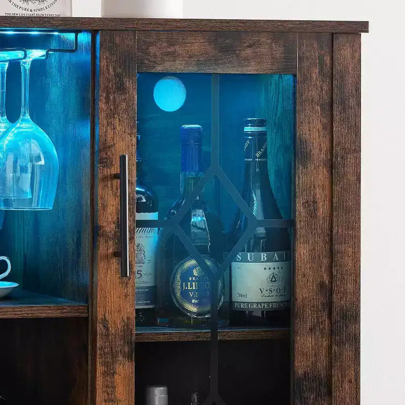 Meuble à Vins, Cave à Liqueurs avec Porte Vitrée et Range-Bouteilles, Table avec Rangement, Buffet à Liqueurs avec Étagères Réglables pour Salon