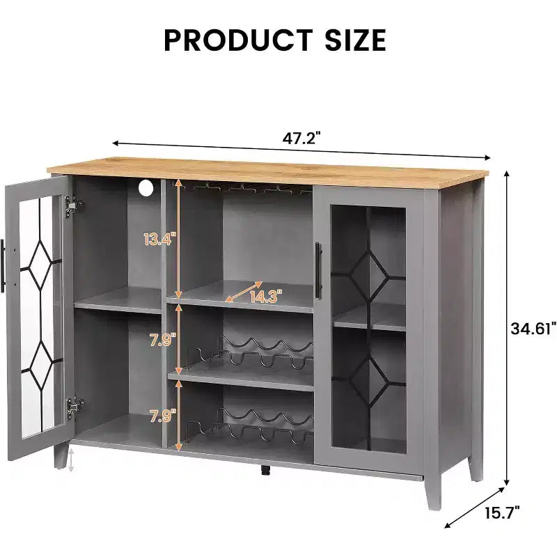Meuble à Vins, Cave à Liqueurs avec Porte Vitrée et Range-Bouteilles, Table avec Rangement, Buffet à Liqueurs avec Étagères Réglables pour Salon
