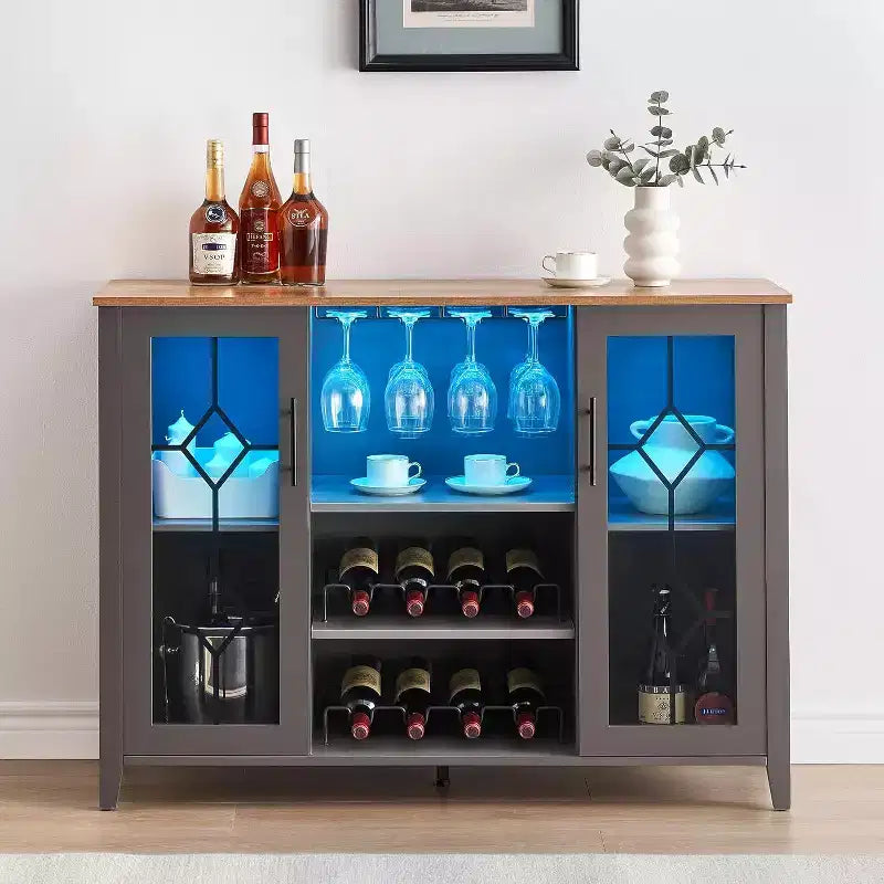 Meuble à Vins, Cave à Liqueurs avec Porte Vitrée et Range-Bouteilles, Table avec Rangement, Buffet à Liqueurs avec Étagères Réglables pour Salon