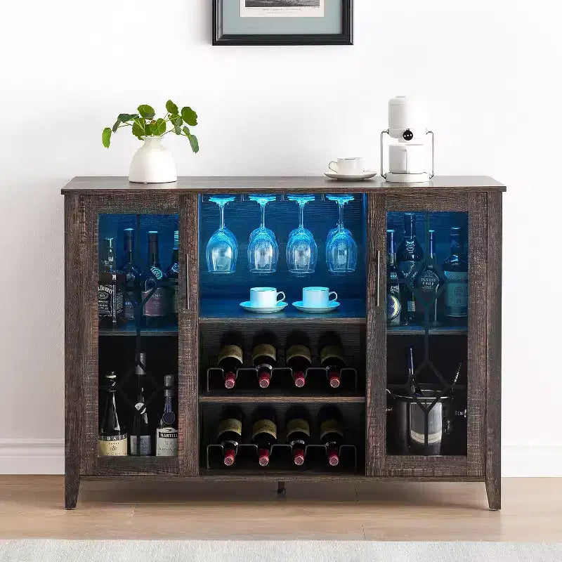Meuble à Vins, Cave à Liqueurs avec Porte Vitrée et Range-Bouteilles, Table avec Rangement, Buffet à Liqueurs avec Étagères Réglables pour Salon