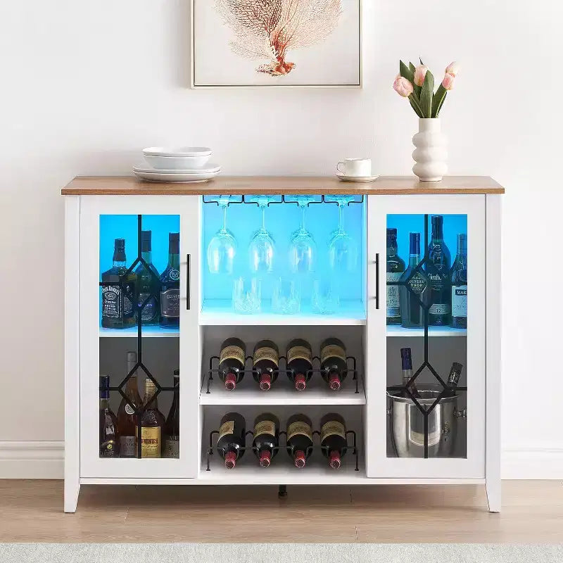 Meuble à Vins, Cave à Liqueurs avec Porte Vitrée et Range-Bouteilles, Table avec Rangement, Buffet à Liqueurs avec Étagères Réglables pour Salon