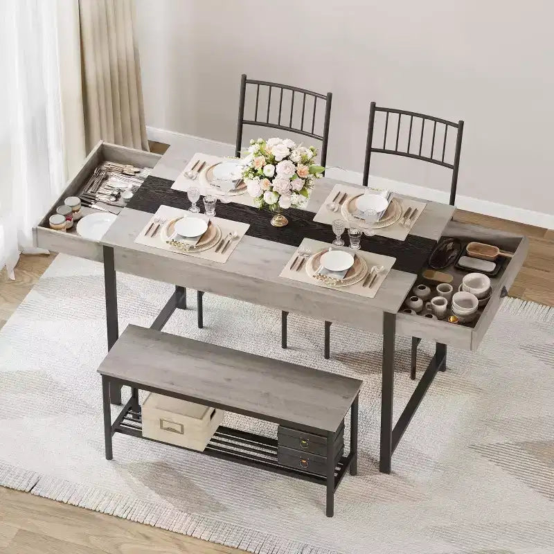 Ensemble table à manger 4 pièces pour 4 personnes, ensemble de table de cuisine rectangulaire avec 2 chaises et 1 banc, tiroirs double face pour salle à manger, cuisine, jardin