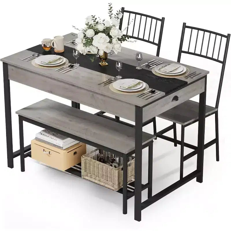 Ensemble table à manger 4 pièces pour 4 personnes, ensemble de table de cuisine rectangulaire avec 2 chaises et 1 banc, tiroirs double face pour salle à manger, cuisine, jardin