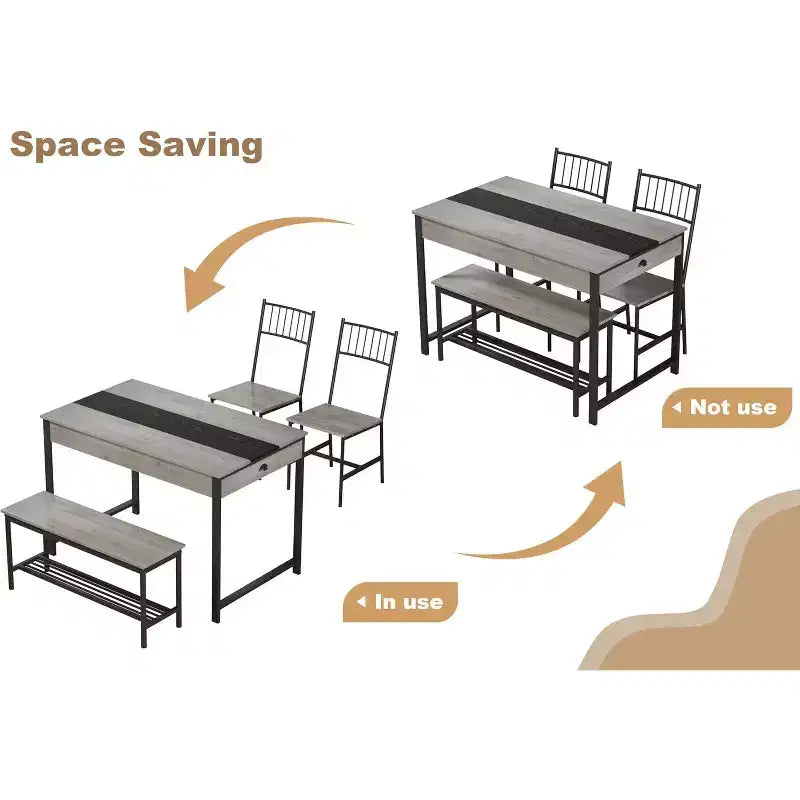Ensemble table à manger 4 pièces pour 4 personnes, ensemble de table de cuisine rectangulaire avec 2 chaises et 1 banc, tiroirs double face pour salle à manger, cuisine, jardin