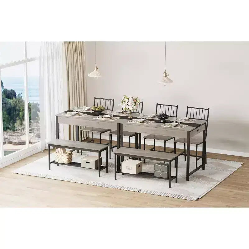 Ensemble table à manger 4 pièces pour 4 personnes, ensemble de table de cuisine rectangulaire avec 2 chaises et 1 banc, tiroirs double face pour salle à manger, cuisine, jardin