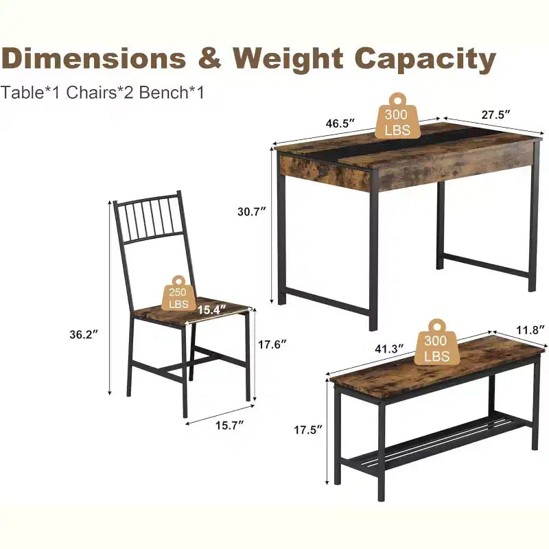 Ensemble table à manger 4 pièces pour 4 personnes, ensemble de table de cuisine rectangulaire avec 2 chaises et 1 banc, tiroirs double face pour salle à manger, cuisine, jardin