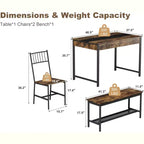 Ensemble table à manger 4 pièces pour 4 personnes, ensemble de table de cuisine rectangulaire avec 2 chaises et 1 banc, tiroirs double face pour salle à manger, cuisine, jardin