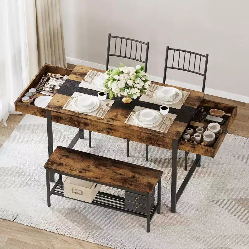 Ensemble table à manger 4 pièces pour 4 personnes, ensemble de table de cuisine rectangulaire avec 2 chaises et 1 banc, tiroirs double face pour salle à manger, cuisine, jardin