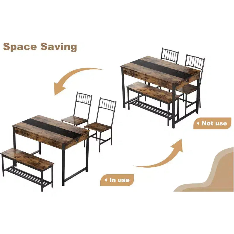 Ensemble table à manger 4 pièces pour 4 personnes, ensemble de table de cuisine rectangulaire avec 2 chaises et 1 banc, tiroirs double face pour salle à manger, cuisine, jardin