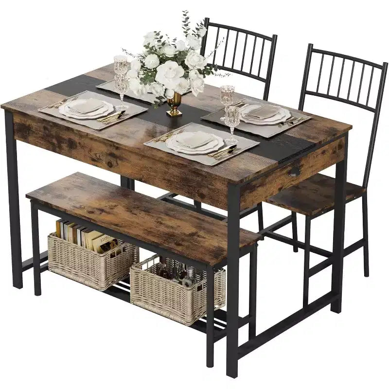 Ensemble table à manger 4 pièces pour 4 personnes, ensemble de table de cuisine rectangulaire avec 2 chaises et 1 banc, tiroirs double face pour salle à manger, cuisine, jardin