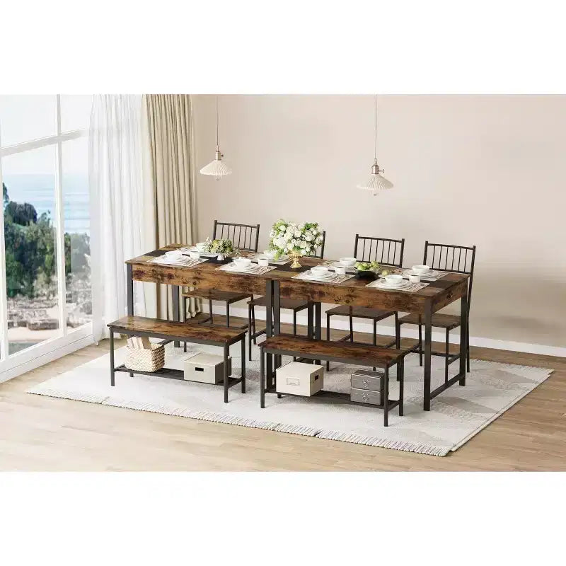 Ensemble table à manger 4 pièces pour 4 personnes, ensemble de table de cuisine rectangulaire avec 2 chaises et 1 banc, tiroirs double face pour salle à manger, cuisine, jardin