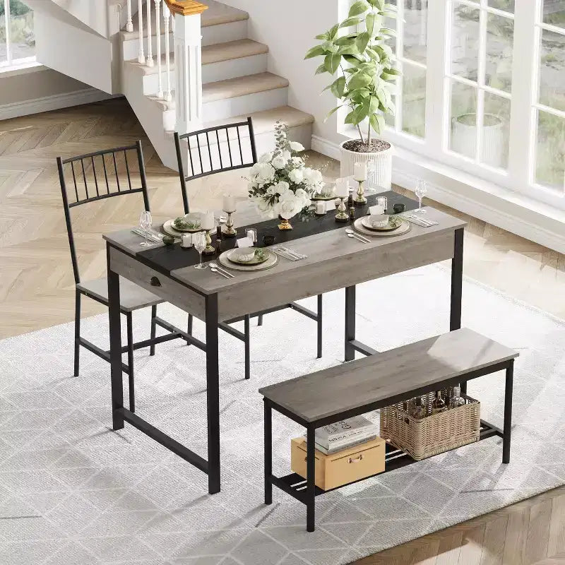 Ensemble table à manger 4 pièces pour 4 personnes, ensemble de table de cuisine rectangulaire avec 2 chaises et 1 banc, tiroirs double face pour salle à manger, cuisine, jardin