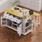 Îlot de cuisine, Chariot roulant avec prise électrique, Extension rabattable, 5 roues, 3 tiroirs, porte et étagère de rangement intérieure pour salle à manger