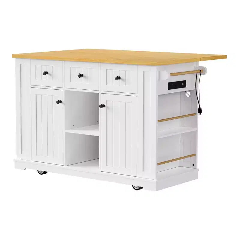 Îlot de cuisine, Chariot roulant avec prise électrique, Extension rabattable, 5 roues, 3 tiroirs, porte et étagère de rangement intérieure pour salle à manger